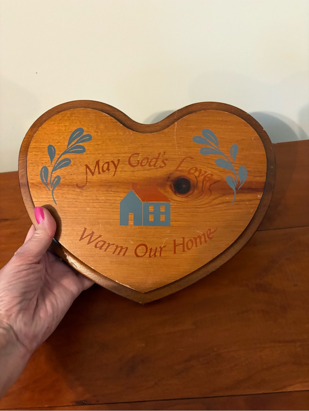 Heart shaped Wooden Wall Plaque May God’s Love Warm Our Home - Picture 5 of 6